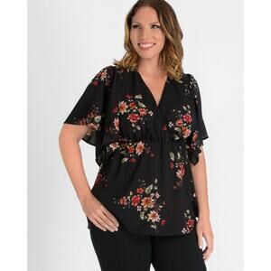 Kiyonna Floral Top Seaside Serenade Style Flutter Sleeves 1X Black Red Pink